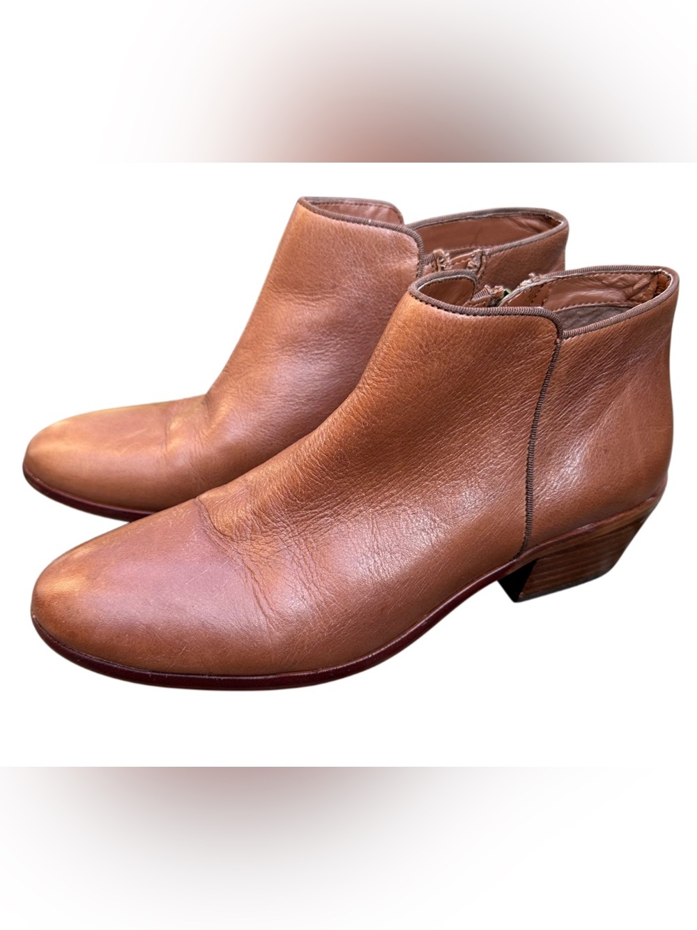 Sam Edelman PETTY Leather Ankle Boots Cognac Brown Western Booties Size 8.5